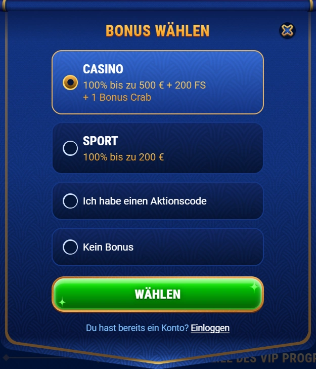 Wingaga Casino Bonus wählen: Casino, Sport, Aktionscode oder kein Bonus