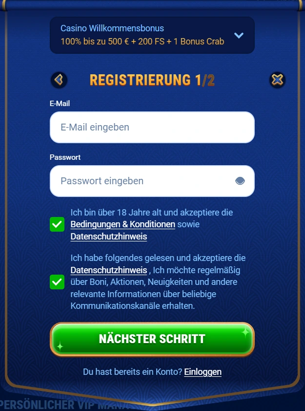 Wingaga Casino Registrierung mit E-Mail und Passwort