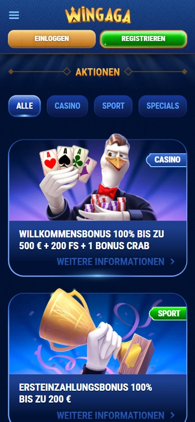 Wingaga Casino Willkommensbonus 100% bis zu 500€ + 200 FS