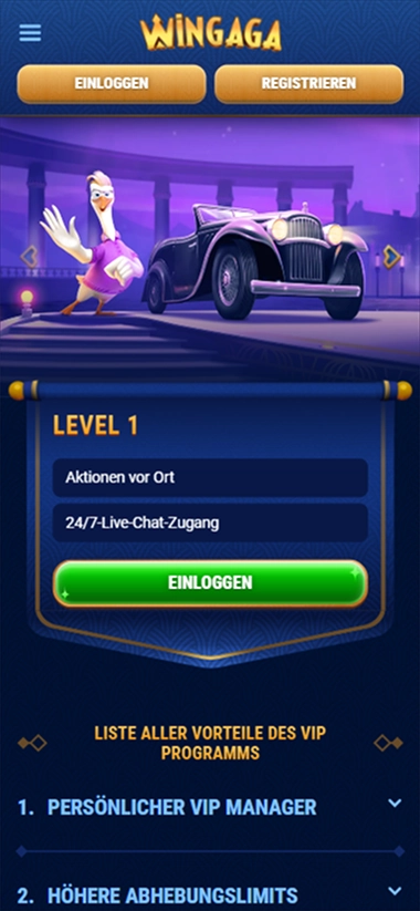 Wingaga Casino Registrieren und Einloggen mit Level 1 Vorteilen